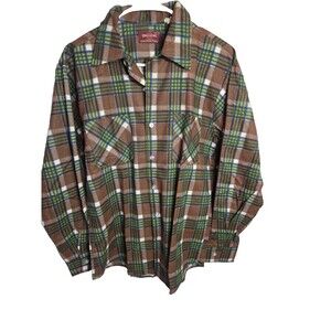 Vintage Kingsport Men's M Plaid Flannel Shirt 15-15.5 Button Up Pockets Grn/Brn